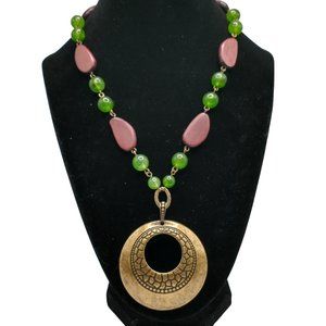 Bronze Tone Medallion Necklace with Wood and Green Beads Boho Necklace